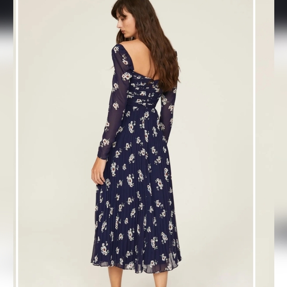 Self Portrait Pansy Midi Dress in Dark Navy Print Chiffon Cut Out